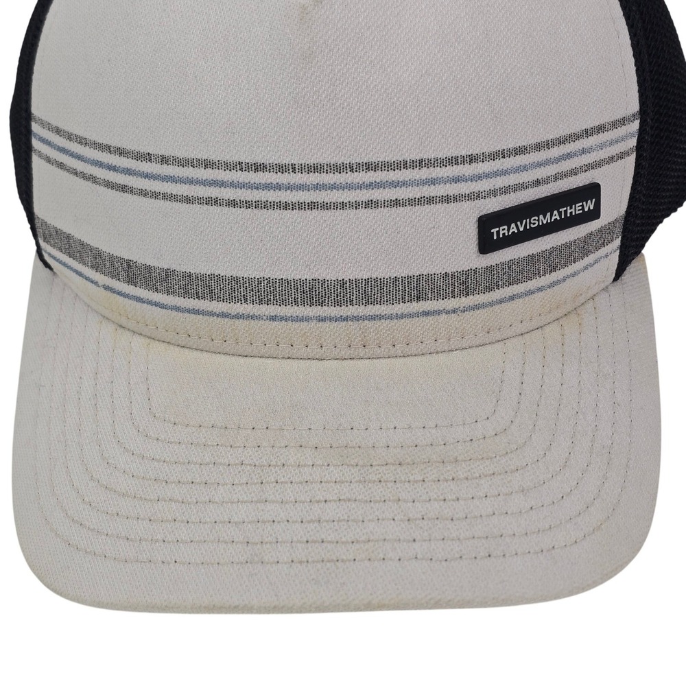 Travis Mathew Golf Hat Trucker Cap Flexfit 110 Snapback Striped Mesh Cream Black - Picture 3 of 7